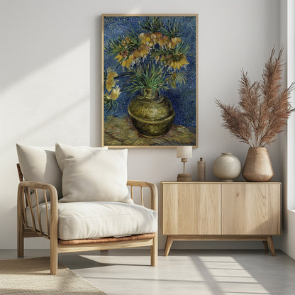 A post-impressionist still life painting by Vincent van Gogh featuring a bouquet of yellow Imperial Fritillaries with green leaves in a round copper vase against a vibrant, textured blue background. Artwork