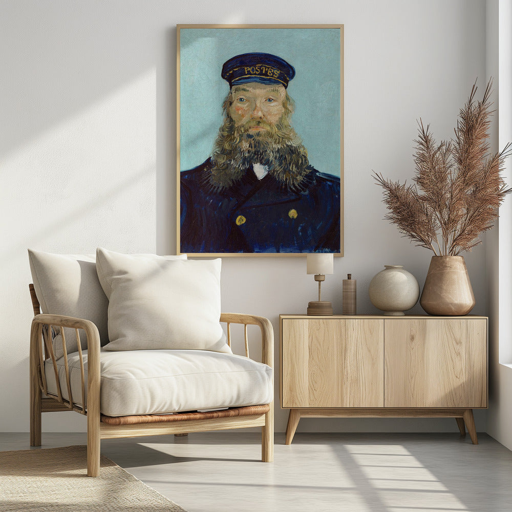 A post-impressionist portrait painting of a man with a long, thick beard wearing a dark blue postman's uniform and cap against a solid light blue background. The painting, by Vincent van Gogh, is characterized by its bold colors and visible brushstrokes. Decor