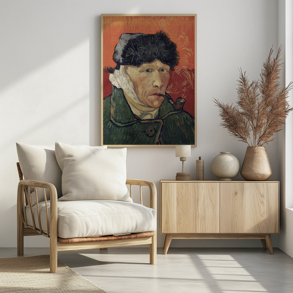 Vincent van Gogh's 'Self-Portrait with Bandaged Ear and Pipe', showing the artist in a green coat and dark hat, with a bandage on his ear, smoking a pipe against a bright red-orange background. Wall Art