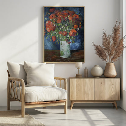 An impressionist-style oil painting of a vibrant bouquet of red and orange poppies in a white patterned vase, set against a dark blue and brown background, enclosed in a simple black frame. Artwork