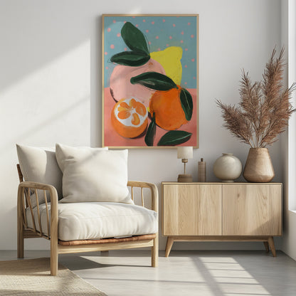 A colorful, painterly still life of various citrus fruits, including a vibrant orange, a halved orange, a pink grapefruit, and a yellow lemon, all with dark green leaves. The background features a peachy-pink surface and a light blue wall with pink polka dots. Artwork