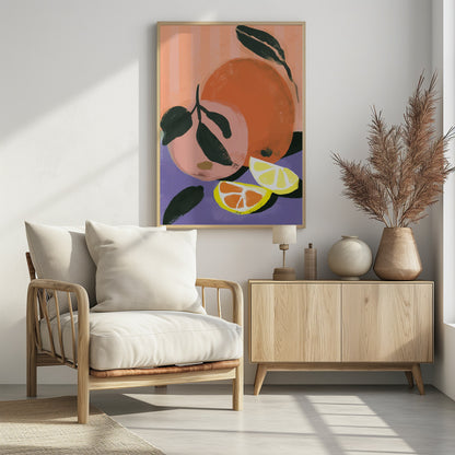 A modern still life painting of citrus fruits. The composition includes a large orange, a smaller pink grapefruit, and two sliced wedges of lemon and orange. The fruits rest on a purple surface against a vertically striped peach and pink background, rendered in a bold, painterly style. Decor