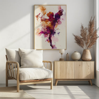 A vibrant watercolor painting of Cupid shown in silhouette. The figure of the winged god of love is filled with a blend of purple, pink, and orange hues, with splatters of paint creating a dynamic effect. He is aiming a bow and arrow, set against a plain off-white background and framed in black. Poster