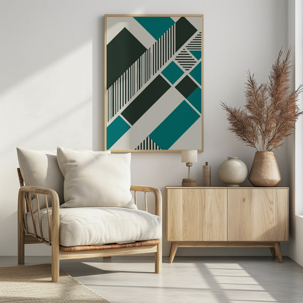 An abstract geometric artwork with a diagonal composition of shapes in dark green, teal, and off-white. Some shapes are filled with vertical and horizontal black and white stripes, creating a dynamic and modern visual. The entire piece is framed in black. Print