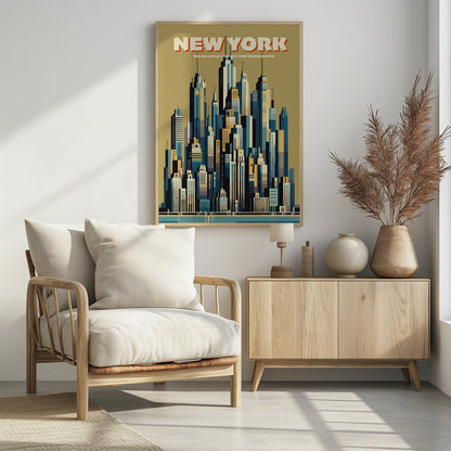 A vintage-style travel poster depicting the New York City skyline. The illustration uses a geometric, minimalist style with a color palette of blues, yellows, and off-white against a muted green sky. The words 'NEW YORK' are featured prominently at the top, with 'THE BIG APPLE • THE CITY THAT NEVER SLEEPS' underneath. Decor