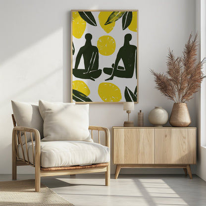 A modern, graphic illustration in a block print style, depicting two dark green human silhouettes seated amongst large yellow lemons and leaves on a white background, presented in a black frame. Decor
