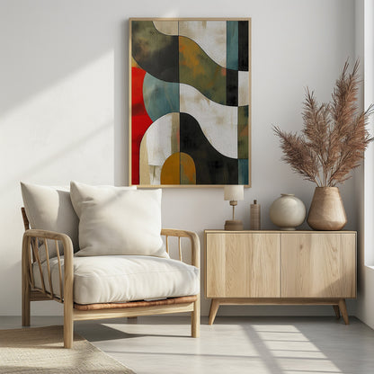 Abstract Fields No 1 art print, featuring a stylized landscape with fluid shapes and a blend of blue, green, yellow, and brown tones, reminiscent of fields. Decor