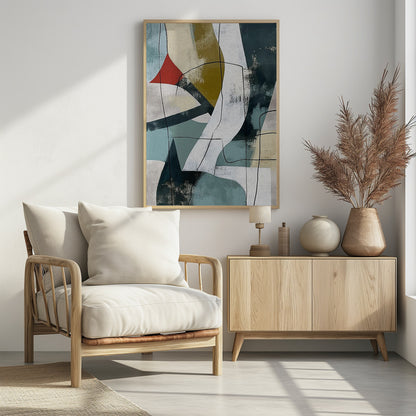A vertical abstract painting in a black frame, featuring a composition of overlapping geometric and organic shapes in muted shades of teal, beige, olive green, and white. A small, vibrant red triangle adds a pop of color, and thin, meandering black lines are drawn over the entire canvas, giving it a collage-like feel. Artwork