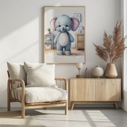 A watercolor illustration of a cute, fluffy, light blue stuffed elephant with large pink ears and a white tummy, standing in a brightly lit child's room. Artwork