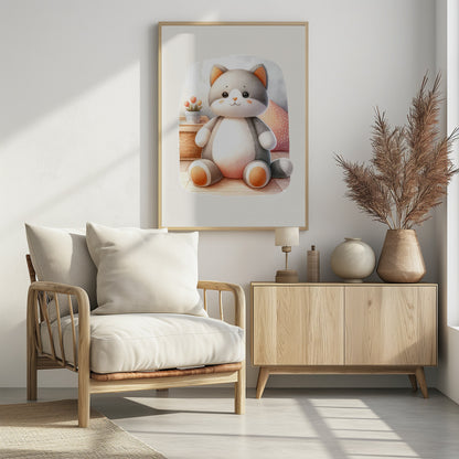 A framed watercolor illustration of a chubby, gray and white stuffed cat sitting on the floor. The cat has cute orange cheeks, ears, and paws. In the background is a small plant and a pink polka dot pillow. Poster