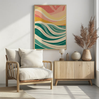 An abstract art print depicting stylized ocean waves in various shades of green and off-white. Above the waves, the sky is rendered in flowing bands of yellow, peach, and pink. The entire image has a speckled, retro texture and is enclosed in a thin black frame. Decor
