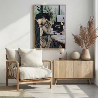 A humorous digital collage where a woman from a classical painting, looking weary and dressed in historical attire, sits at a modern office desk with a laptop that ironically reads 'happy mondays' on the screen. Artwork