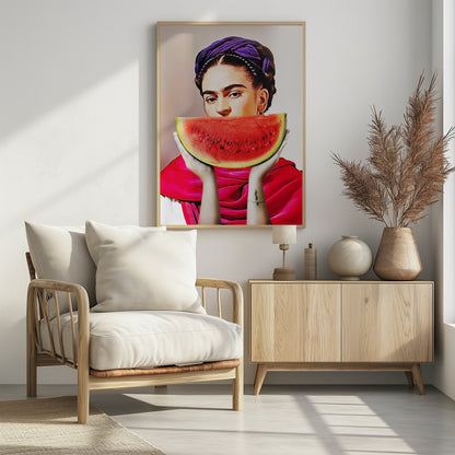 A vibrant, stylized portrait of Frida Kahlo holding a large slice of watermelon up to her mouth. She wears a purple headwrap in her dark braided hair and a bright red shawl, gazing intensely at the viewer over the fruit. Decor
