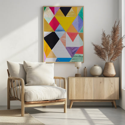 A colorful abstract painting with a geometric pattern of triangles in various hues like yellow, pink, purple, blue, green, orange, black, and white. The paint is applied thickly, showing visible brushstrokes and texture. The piece is set in a simple black frame. Poster