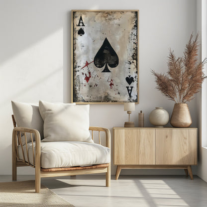 A framed piece of abstract art depicting the Ace of Spades. The painting has a distressed, grunge aesthetic with a smudged white and beige background, splattered with black ink and red paint resembling blood stains. Decor