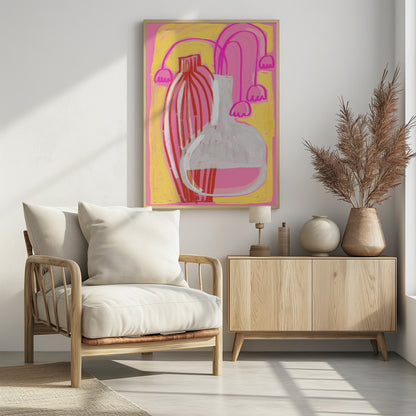 A vibrant abstract still life painting featuring two vases against a pink and yellow background. A tall, slender vase has vertical red and white stripes, while next to it sits a clear, round-bottomed flask filled with pink liquid. Stylized, drooping pink bell-shaped flowers on long stems are arranged behind the vases. Print