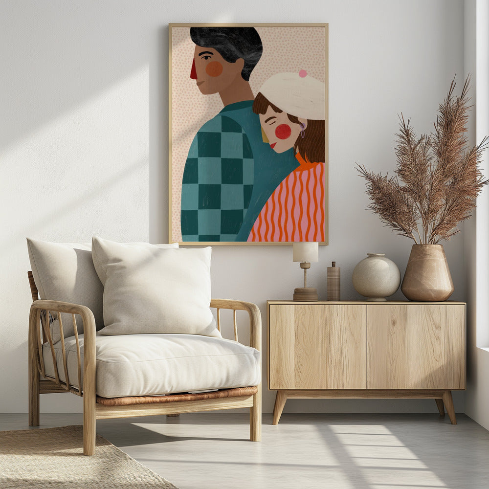 A stylized illustration of a couple against a light dotted background. A woman with a white beret rests her head peacefully on the back of a man. The man is shown in profile, wearing a teal checkered shirt, while the woman wears a vibrant orange and pink striped sweater. Wall Art