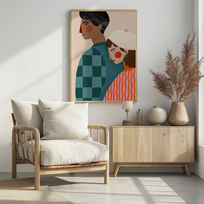A stylized illustration of a couple against a light dotted background. A woman with a white beret rests her head peacefully on the back of a man. The man is shown in profile, wearing a teal checkered shirt, while the woman wears a vibrant orange and pink striped sweater. Wall Art