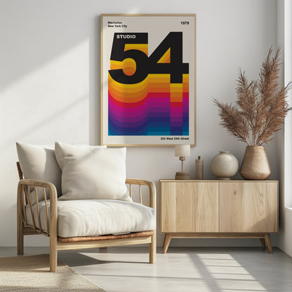 A retro graphic design poster for Studio 54 dated 1979. The design features the large black number '54' with the word 'STUDIO' inside the '5'. A colorful, wavy gradient from yellow to blue extends downwards, creating a vibrant 3D effect against an off-white background. Artwork