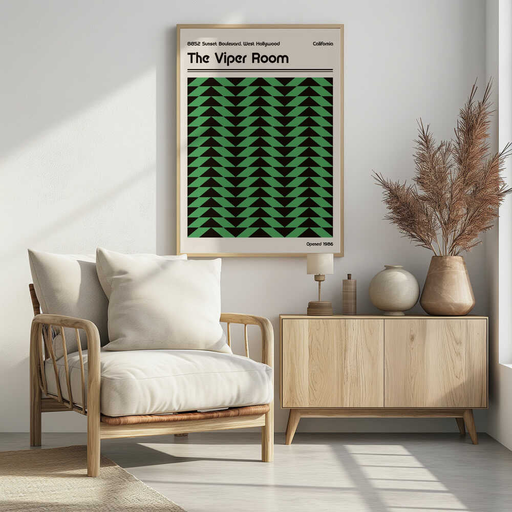 Vintage-style poster for The Viper Room in California, featuring a bold green and black geometric chevron pattern.