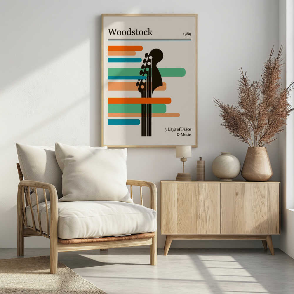 A minimalist retro-style poster for the 1969 Woodstock festival. It features a black silhouette of a guitar neck against horizontal stripes of orange, green, and blue on an off-white background. The text 'Woodstock 1969' is at the top, and '3 Days of Peace & Music' is at the bottom. Artwork