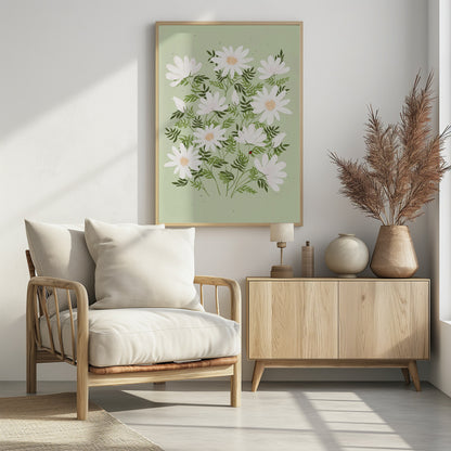 An illustration of a bouquet of white daisies with yellow centers and lush green leaves against a light sage green background. A small red ladybug rests on a leaf. The entire piece is framed in black. Artwork