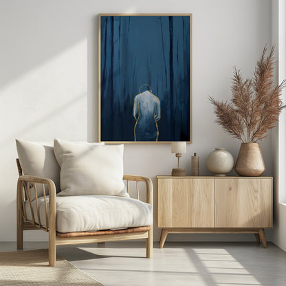 A vertical abstract painting depicting a figure from behind, outlined in gold and filled with white brushstrokes, standing in a dark, moody forest of deep blue and black tree trunks. Print