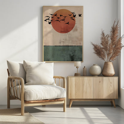 A modern art print featuring a large, textured orange-red sun against a distressed beige sky. A flock of black bird silhouettes flies across the sun. The bottom third of the image is a textured dark green panel, suggesting a minimalist landscape. The artwork is enclosed in a thin black frame. Decor