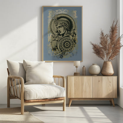 A stylized graphic illustration of the Greek goddess Athena against a muted blue background. Rendered in black and gold, she wears a plumed helmet and holds a patterned shield, with her symbolic owl perched beside her. Print