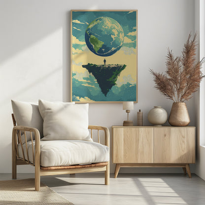 A surreal illustration of a lone person standing on a small, floating island, gazing up at a massive Planet Earth in a cloudy sky. The style is graphic and painterly with a muted color palette. Print