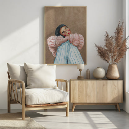 An illustrative painting of a person with dark hair, freckles, and red heart stickers on their cheeks. They are wearing a textured pink sweater and light blue pinstripe pants, hugging their knees while looking at the viewer with their head tilted against a solid brown background. Wall Art