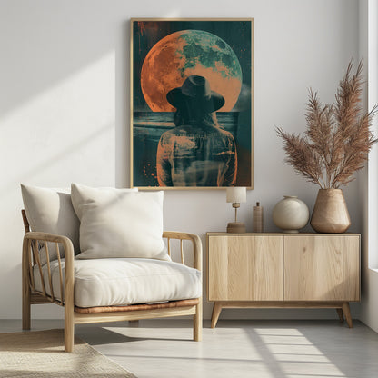 A surreal piece of art depicting a woman from behind, wearing a black fedora and a denim jacket. She is looking out over a dark sea towards a giant, textured moon that is colored in orange and teal, hanging in a starry night sky. The image has a distressed, double-exposure style. Artwork