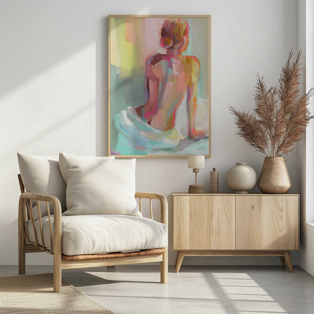 An impressionistic painting of a woman sitting with her back to the viewer, rendered in broad, expressive brushstrokes of pastel pinks, yellows, and mint green. Wall Art