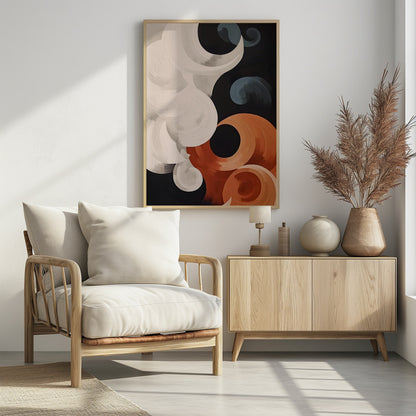 Abstract depiction of clouds, featuring soft, blending colors like blue, white, and grey, resembling a painted sky on a poster or art print. Artwork