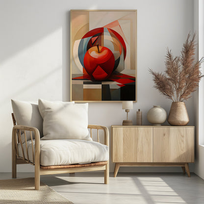 A cubist-style painting of a shiny red apple resting on a checkered surface. The background is a complex composition of overlapping geometric shapes and arcs in shades of red, blue, beige, and gray, creating a fragmented and multi-dimensional still life. Artwork