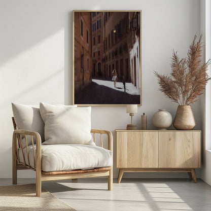 An art print featuring a girl in a scenic setting in Rome, possibly with historic architecture or street views. Decor