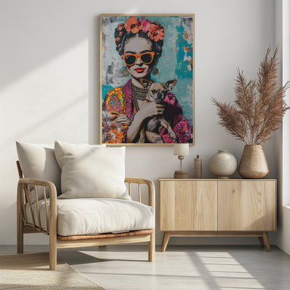 A modern, stylized pop art portrait of Frida Kahlo wearing bright orange sunglasses and red lipstick. Her hair is in an updo with orange and pink flowers, and she is holding a small chihuahua dog against her colorful patterned jacket. The background is an abstract texture of turquoise and white. Print