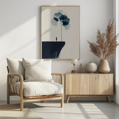 A minimalist abstract artwork featuring a dark silhouette of a person standing on a cliff's edge next to a tall, thin tree with large, translucent blue leaves against a light beige background. Wall Art