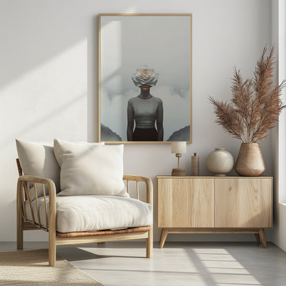 A surrealist portrait of a person from the waist up, their face completely covered by a large, white paper rose. They are wearing a grey turtleneck sweater and stand in front of a foggy, mountainous landscape under a pale grey sky. Poster