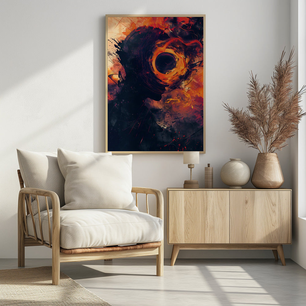 An abstract artwork depicting a dark silhouette of a person's head in profile. From the center of the head emanates a swirling, fiery vortex of orange, red, and yellow, resembling a black hole or a cosmic event, set against a dark, textured background with paint splatters. Print