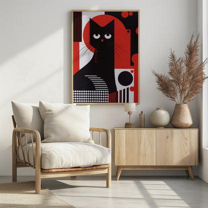 A stylized graphic illustration of a black cat with large, white, crescent-shaped eyes. The cat is set against a large red circle and a background composed of various geometric shapes and patterns in black, white, and red, including stripes, dots, and circles. Decor
