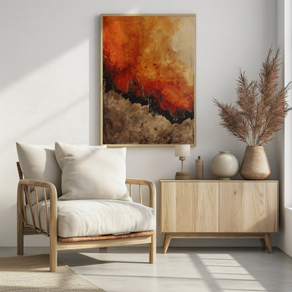 A vertical abstract painting in a black frame, featuring a textured, fiery orange and red upper section transitioning into a jagged black formation outlined in gold. The bottom section is a mottled and speckled blend of brown and beige tones. Artwork