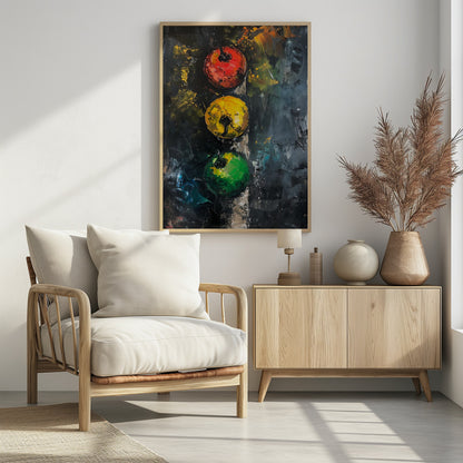 An abstract impasto painting of a traffic light. Three circles—red, yellow, and green—are aligned vertically against a dark, heavily textured background created with thick palette knife strokes. Wall Art