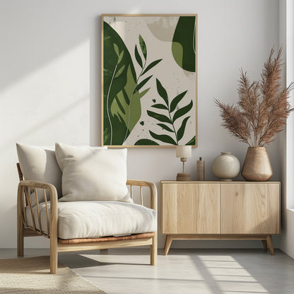 A modern abstract botanical artwork in a black frame, featuring various shades of green leaves and organic shapes layered over a speckled, off-white background. The style is minimalist with a textured, painterly feel. Wall Art
