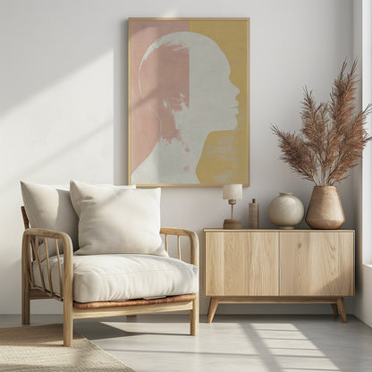 A modern art piece featuring a white silhouette of a person's head and shoulders in profile against a color-blocked background. The background is split vertically with pale pink on the left and pale yellow on the right, both with a subtle textured effect. Poster