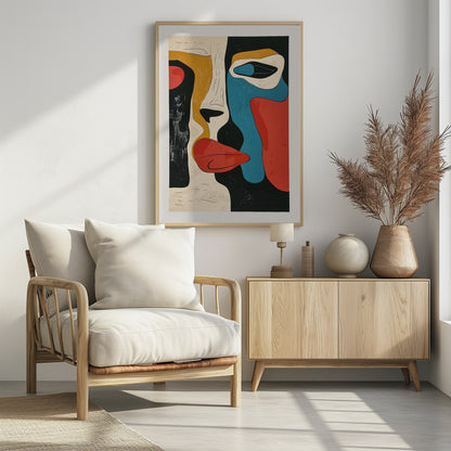 A framed modern abstract artwork depicting a deconstructed face. The composition uses bold, block colors like red, blue, and mustard yellow, separated by thick black lines and areas of cream and textured black, creating a cubist-inspired portrait. Decor