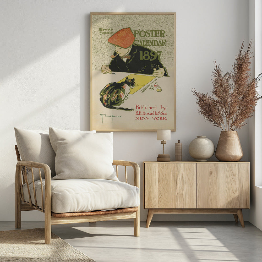 A vintage poster by Edward Penfield for the 'Poster Calendar 1897'. The illustration features an artist in a red cap and black jacket, smoking a pipe while working at a desk. A calico cat sits on the desk, watching him paint on a yellow sheet of paper. The text on the poster includes the title, year, artist's name, and publisher information. Poster