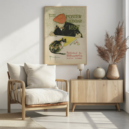 A vintage poster by Edward Penfield for the 'Poster Calendar 1897'. The illustration features an artist in a red cap and black jacket, smoking a pipe while working at a desk. A calico cat sits on the desk, watching him paint on a yellow sheet of paper. The text on the poster includes the title, year, artist's name, and publisher information. Poster