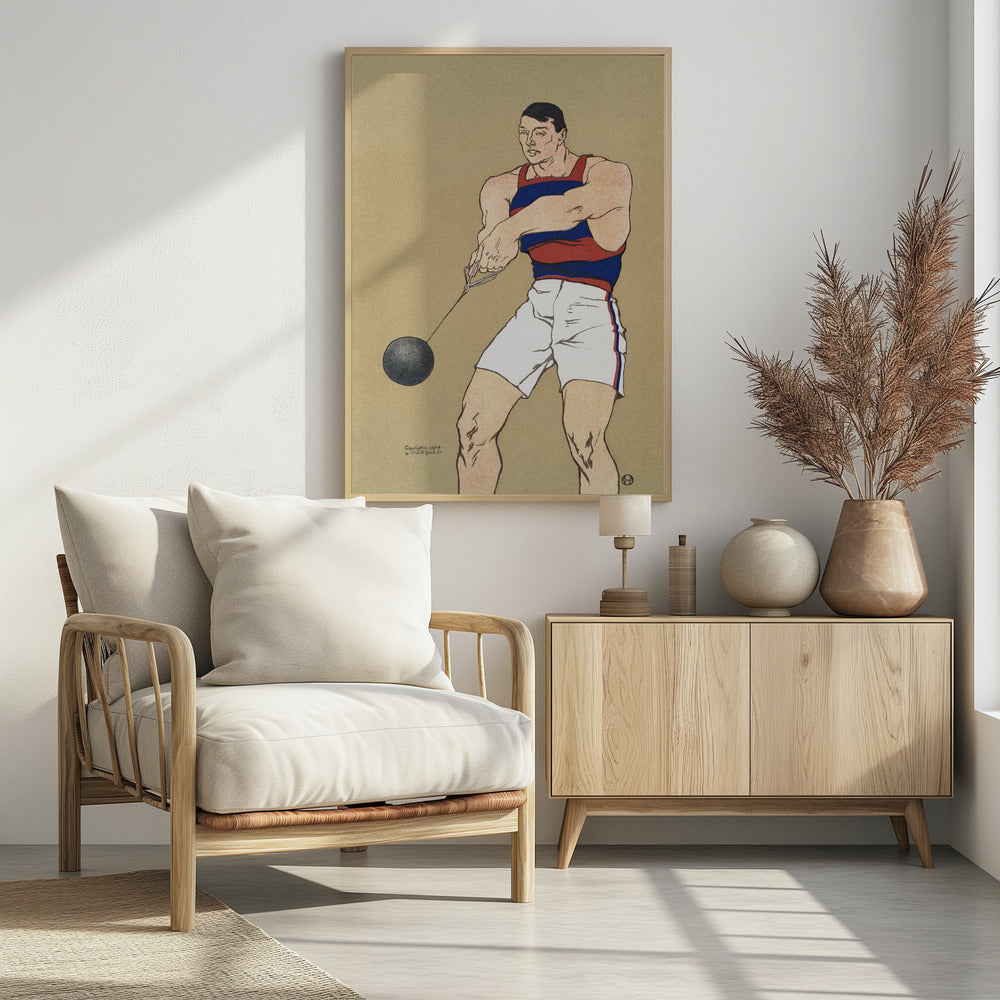 A vintage illustration from 1908 depicting a muscular male athlete preparing for a hammer throw. He wears a red and blue striped singlet and white shorts, holding the hammer with both hands against a plain beige background. Print