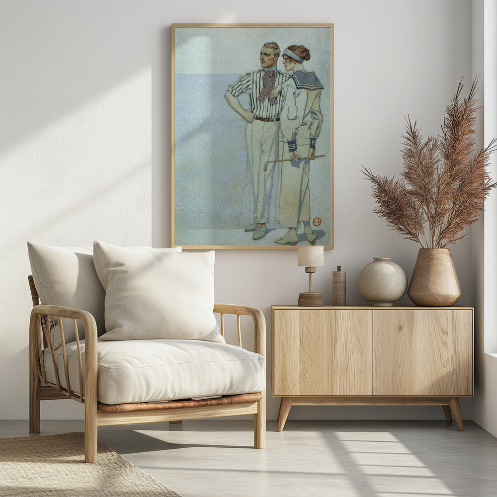 A vintage Art Deco illustration of a stylish couple from the 1920s. The man wears a striped shirt and ascot, while the woman wears a sailor-style dress and holds a golf club. Decor
